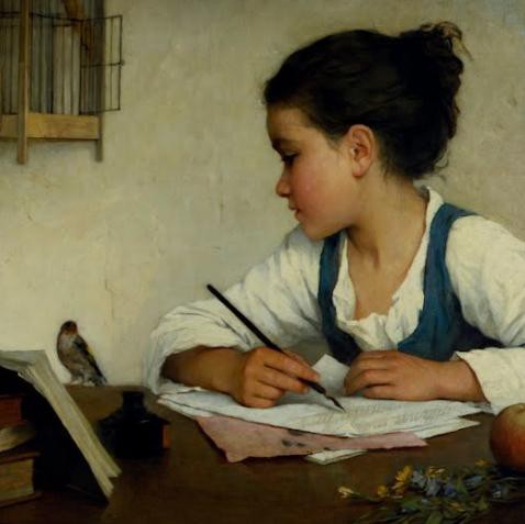 A Girl Writing--The Pet Goldfinch--Henriette Brown--ca 1870