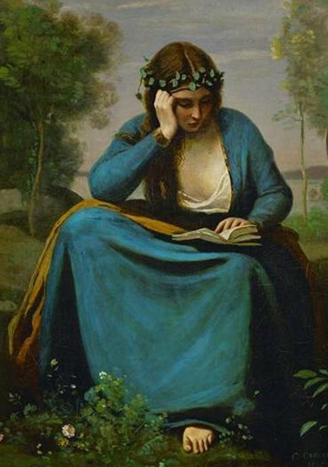 Woman Crowned with Flowers Reading by Jean-Baptiste Camille Corot