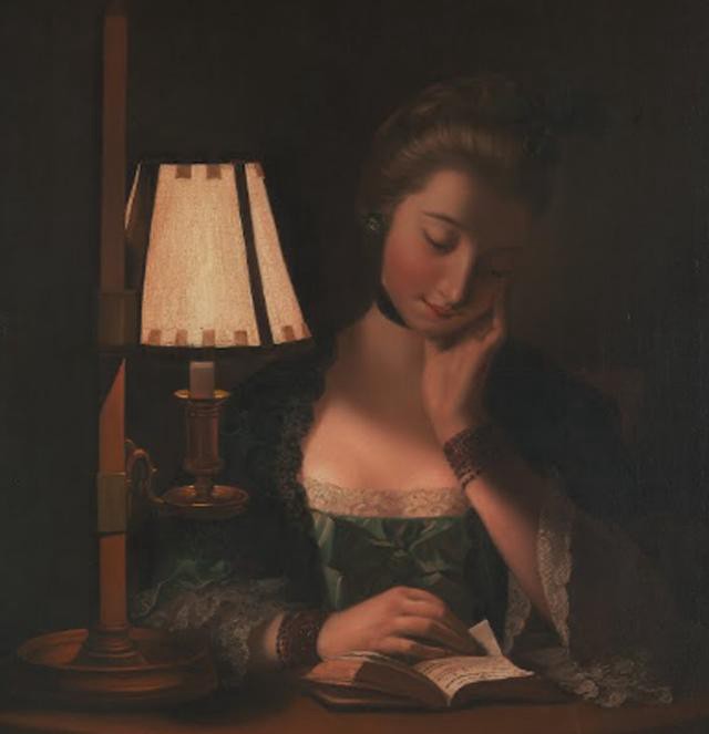 Henry Robert Morland--Woman Reading by a Paper-Bell Shade